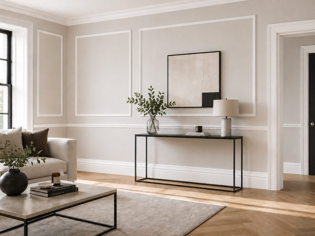 Living room finished with MDF skirting and wall panelling